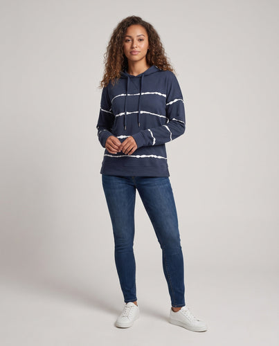 Damen Lose Hoodie Sweatshirt im Used Streifen-Look mit Kängurutasche Shop Nory