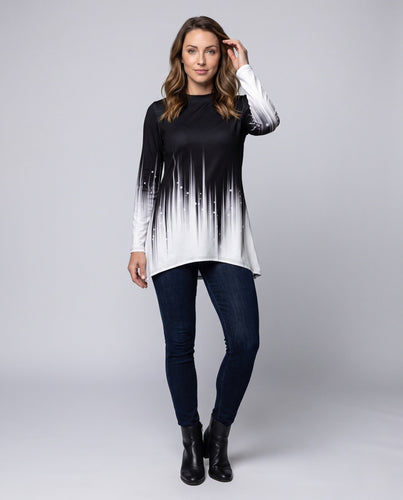 Damen Langarm-Tunika mit vertikalem Verlaufs-Muster und abgerundetem Saum Shop Nory