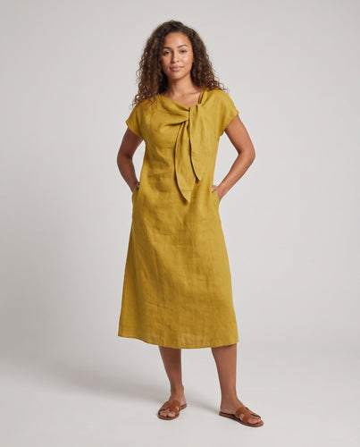 Damen Maxi-Kleid aus Leinen mit dekorativem Bogen und kurzen Ärmeln Shop Nory