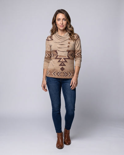 Damen Oversized-Strickpullover mit ethnischer Geometrie, asymmetrischem Kragen und dekorativer Knopfleiste Shop Nory