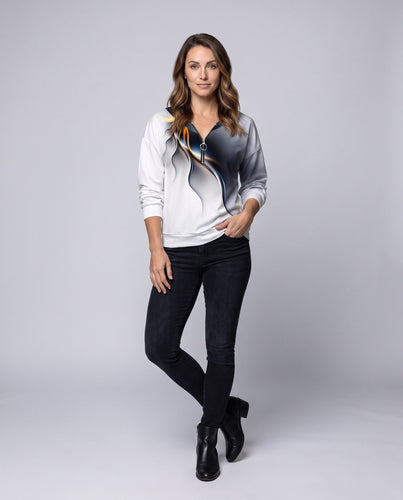 Damen Oversized Sweatshirt mit V-Ausschnitt, Reißverschluss und abstraktem 3D-Druck Shop Nory