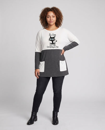 Damen Oversized-Tunika Kleid mit wärmendem Stricklook, Farbblock und Comic-Print Shop Nory