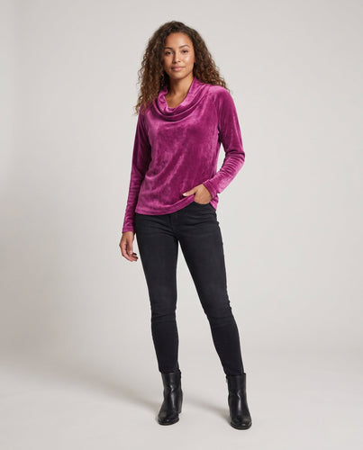 Damen Samt Langarm mit Wasserfallkragen und lockerem Oversized Schnitt Shop Nory
