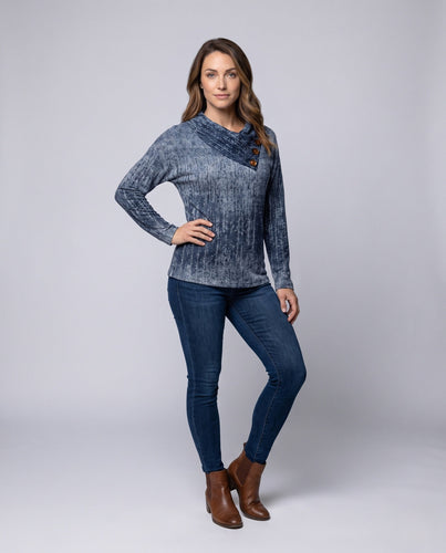 Damen Strukturierte V-Ausschnitt Langarmshirt mit Asymmetrischer Knopfleiste Shop Nory