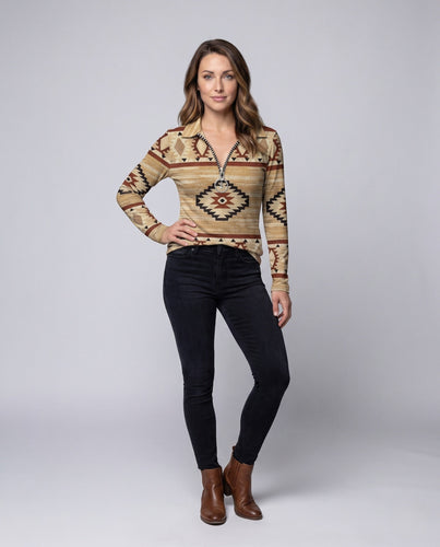 Damen Sweatshirt mit Tribal-Print, halbem Reißverschluss, Kragen und lässigem Oversized-Schnitt Shop Nory