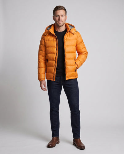 Herren Glänzende Steppjacke mit Kapuze, Gestreiftem Innenfutter & Kontrastreißverschlüssen Shop Nory