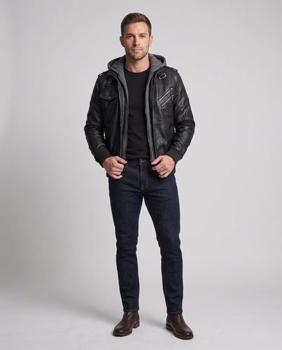 Herren Lässige Lederjacke mit Kapuze Shop Nory