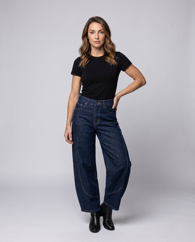 Damen Palazzo-Hosen-Jeans mit weitem Bein, hoher Taille und dekorativen Nähten Shop nory