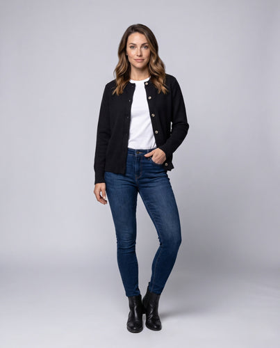 Damen Rundhals Feinstrick-Cardigan mit Knopfleiste und gerippten Bündchen Shop nory