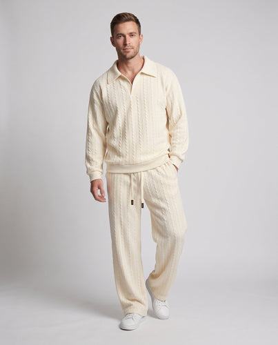 Herren Grobstrick Lounge Set mit Polo-Rücken, halbem Kragen und lockeren Kordelzughosen Shop nory