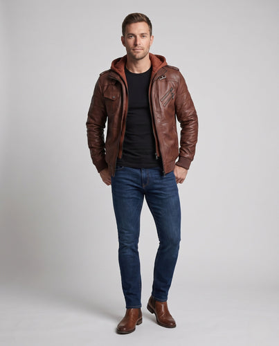 Herren Kunstleder Bomberjacke mit integrierter Kapuze, Utility-Taschen & gerippten Bündchen Shop nory