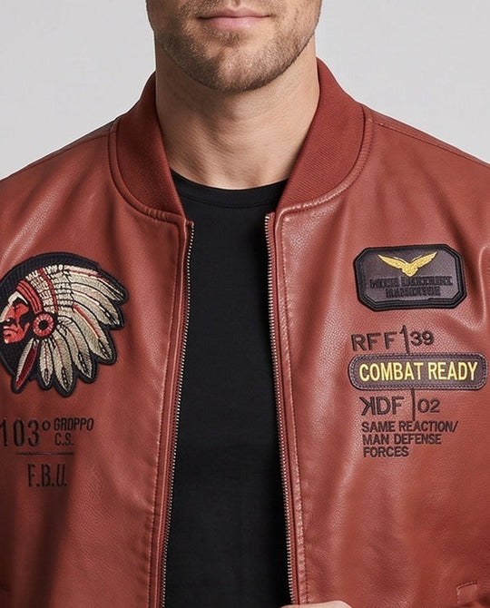 Herren Kunstleder Pilotjacke mit Abzeichenapplikationen & Teddy-Futter Shop nory