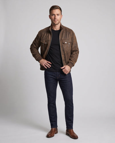 Herren Oversize Bomberjacke im Wildleder-Look mit doppelten Fronttaschen, Metallreißverschluss & hohem Rippsaum Shop nory