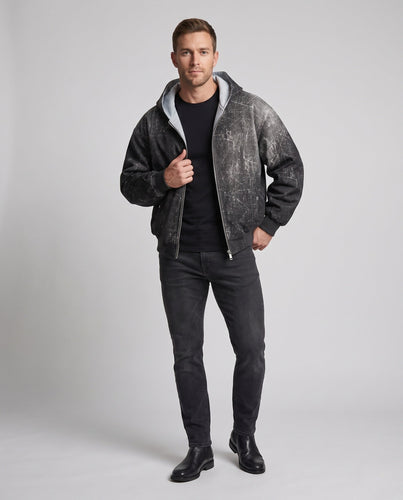 Herren Oversized Bomberjacke mit Marmorwasch-Effekt, Kapuze & doppeltem Reißverschluss Shop nory