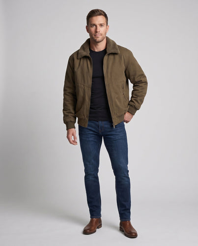 Herren Robuste Canvas-Bomberjacke mit Sherpa-Innenfutter, Stehkragen & Zwei-Wege-Reißverschluss Shop Nory