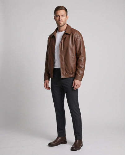 Herren Schlichte Kunstleder‑Blousonjacke im cleanen Blousonstil mit Hemdkragen, verdecktem Reißverschluss & elastischem Bund Shop Nory