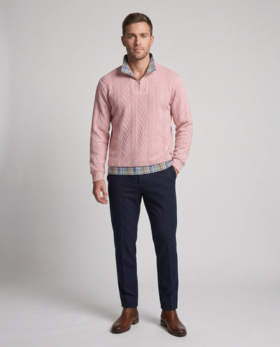 Herren Strick-Halbzippullover mit Zopfmuster, Stehkragen und kariertem Lagenlook Shop Nory
