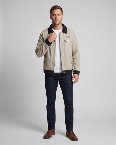 Herren Strukturierte Waffel-Übergangsjacke im Workerstil mit kontrastierendem Kragen, Druckknopffront & Utility‑Taschen Shop Nory
