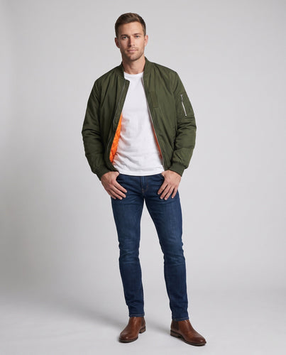 Herren Wattierte Bomberjacke mit Kontrast-Innenfutter, Ärmeltasche & Rippbündchen Shop Nory