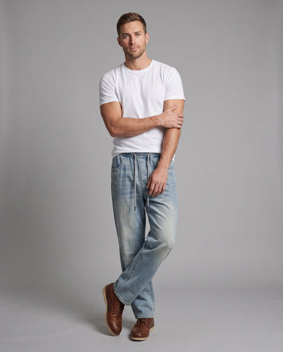Herren Weite Baggy-Denimhose mit elastischem Kordelbund & Used-Wash Shop Nory