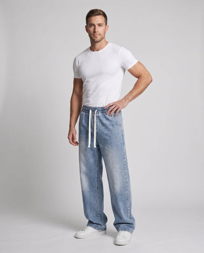 Herren Weite Relaxed-Jeanshose mit Tunnelzugbund und washed Denim-Optik Shop Nory