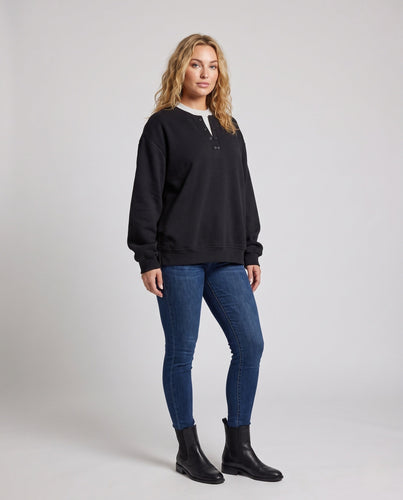 Unisex Oversize-Henley-Layer-Sweatshirt mit Knopfleiste und kontrastierendem Unterkragen