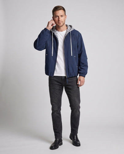 Unisex Oversize-Windjacke mit gestreifter Kapuzenblende, Mesh-Einsätzen & Tunnelzug