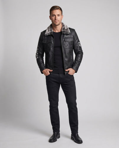 Herren Modische Kunstlederjacke mit Fellkragen Shop Nory