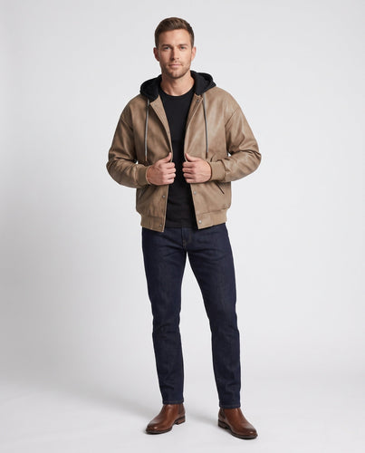 Herren Modische Kunstlederjacke mit Kapuze Shop Nory