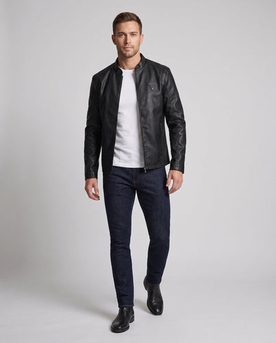 Herren Modische Kunstlederjacke mit Stehkragen und Reißverschluss Shop Nory