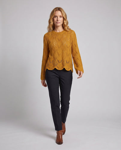 Damen Feinstrickpullover mit Ajourmuster, Rundhalsausschnitt und geschwungener Saum Shop Nory