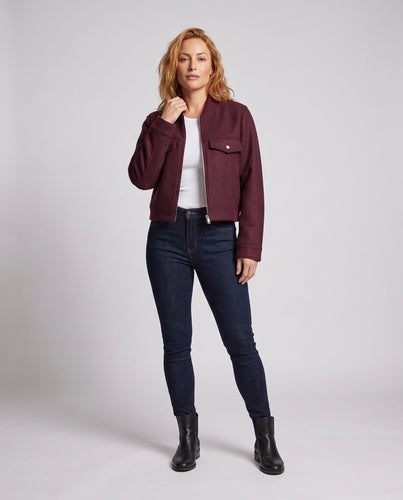 Damen Kurze Wollmix-Bomberjacke mit Reißverschluss, Pattentaschen und Rippkragen Shop Nory