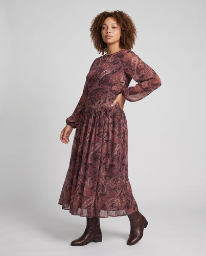 Damen Midikleid mit Paisley‑Print, fließendem Volantrock und Ballonärmeln Shop Nory