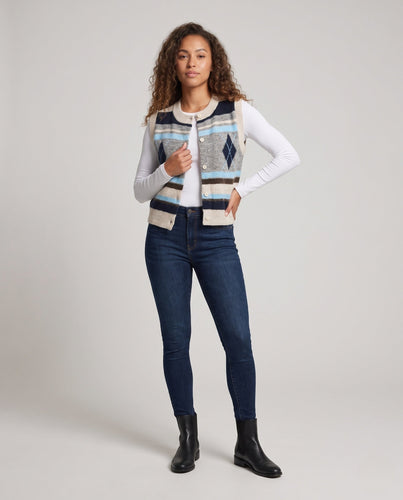 Damen Strickweste mit Knopfleiste, Argyle- und Streifenmuster, Rundhalsausschnitt Shop Nory