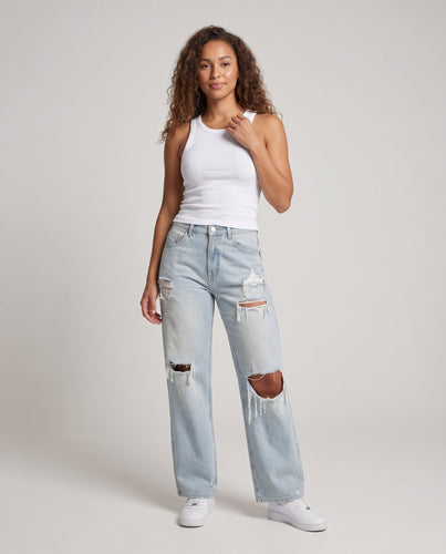 Damen Weite Distressed-Jeans mit hoher Taille und großen Rissen Shop Nory