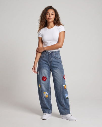 Damen Bunte Bestickte Baggy Jeans Shop Nory