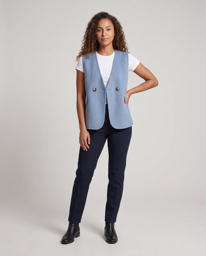 Damen Ärmellose Doppelreihige Wollmix‑Weste mit aufgesetzten Taschen und geschwungener Saumlinie Shop Nory