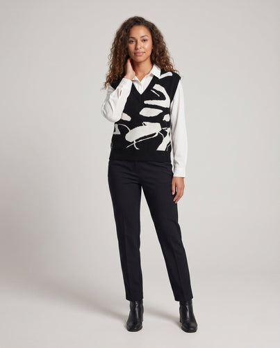 Damen Ärmellose Strickweste mit tiefem V‑Ausschnitt und abstraktem Jacquardmuster Shop Nory
