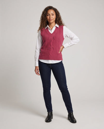 Damen Ärmelloser Strickpullunder mit V-Ausschnitt und Zopfmuster aus weichem Mohair-Mix Shop Nory