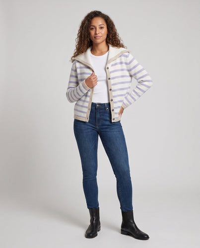 Damen Breton-inspirierter Kapuzen-Cardigan mit soften Feinstrickstreifen Shop Nory