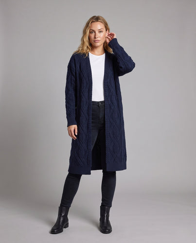 Damen Extra-langer offener Zopfmuster-Strickmantel im Kaschmir‑Look Shop Nory
