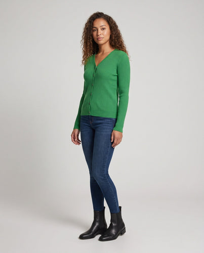 Damen Feiner gerippter V‑Neck-Cardigan aus Kaschmir‑Optik mit stretchiger Rippstruktur und Perlmuttknöpfen Shop Nory