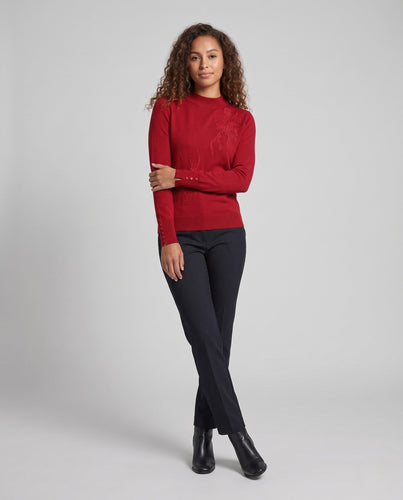 Damen Feiner Mockneck-Pullover mit floraler Ajour‑Stickerei und Perlenknopf‑Manschette Shop Nory