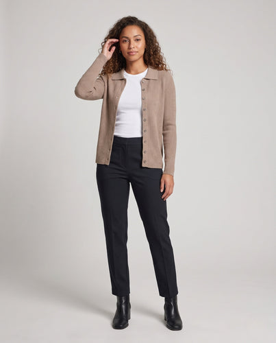 Damen Feiner Rippenstrick-Cardigan mit Hemdkragen und passendem Trägertop Shop Nory