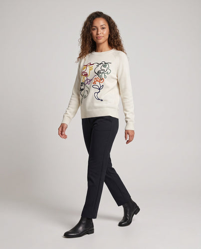 Damen Feiner Rundhalspullover mit abstrakter Stickerei und kaschmirähnlicher Weichheit Shop Nory