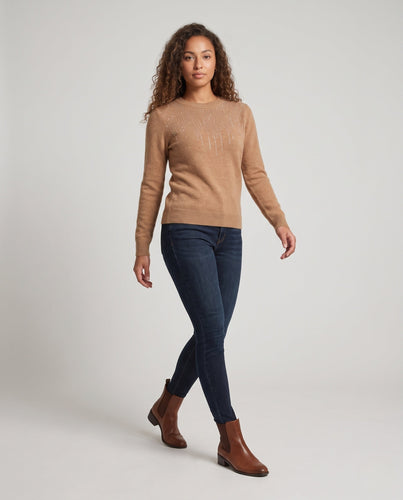 Damen Feiner Rundhalspullover mit funkelnder Strass‑Cascade und kaschmirähnlicher Haptik Shop Nory