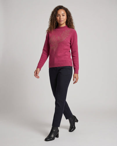 Damen Feiner Rundhalspullover mit Perlen- und Strassblattapplikation Shop Nory