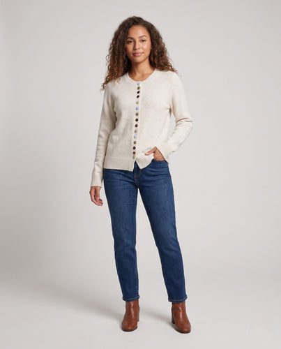 Damen Feiner V-Ausschnitt-Cardigan mit mehrfarbigen Zierknöpfen und geripptem Saum Shop Nory