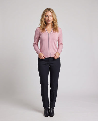 Damen Feiner V‑Ausschnitt-Feinstrickpullover mit dekorativem Strassstreifen und geripptem Saum Shop Nory