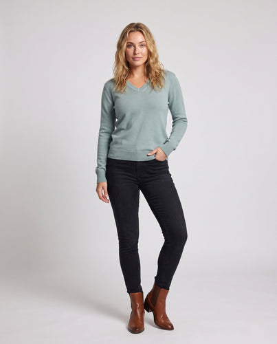 Damen Feiner V-Ausschnittpullover aus Baumwoll-Kaschmir-Mischung mit schmaler Schulternaht Shop Nory